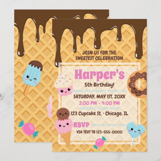 Invitation Swete Sweet Kawaii fête d'anniversaire (Devant / Derrière)