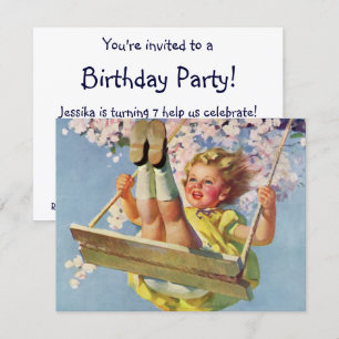 Invitation Swing vintage, Fille Balançant fête d'anniversaire