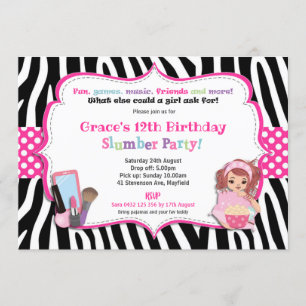 Invitation Swood Sleepover Fête d'anniversaire Filles Zebra I