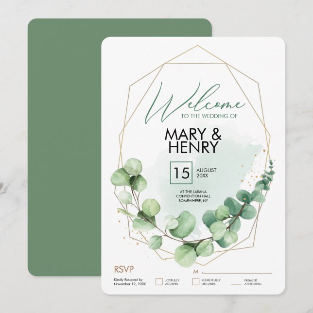 Invitation Symbole de bienvenue fête de mariage verdure eucal (Devant / Derrière)
