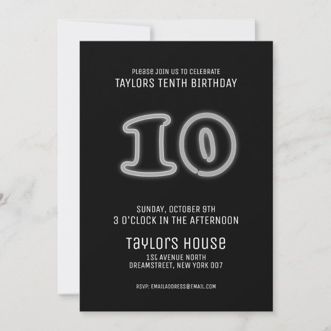 Invitation Symbole de Neon blanc 10e fête d'anniversaire à la (Devant)