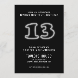 Invitation Symbole de Néon Blanc 13e fête d'anniversaire bran
