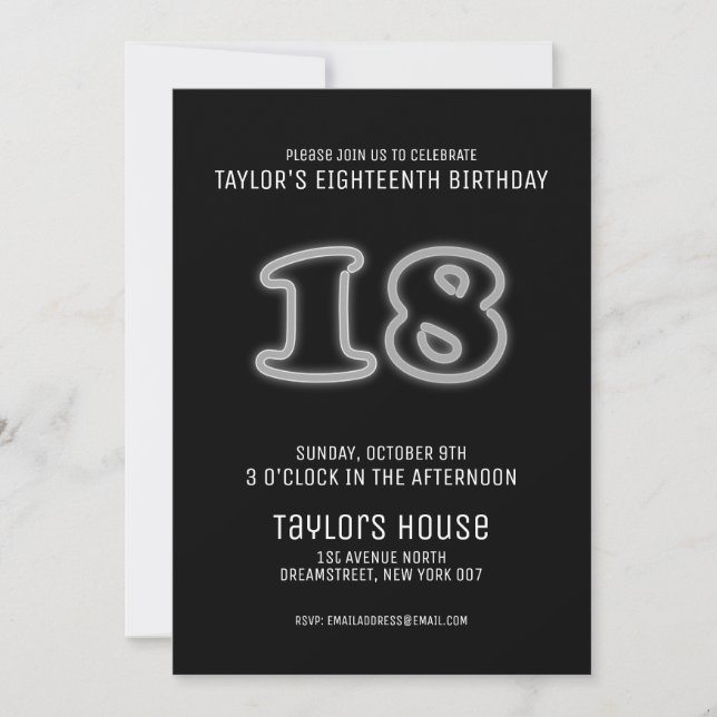 Invitation Symbole de Neon blanc 18e fête d'anniversaire bran (Devant)