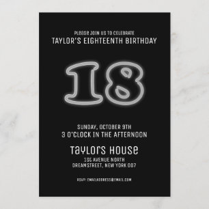 Invitation Symbole de Neon blanc 18e fête d'anniversaire bran