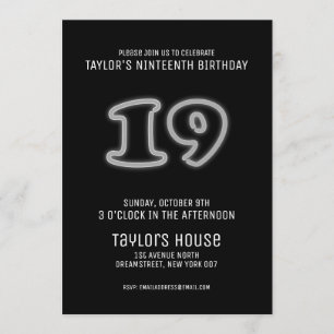 Invitation Symbole de Neon blanc 19e fête d'anniversaire à la