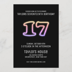 Invitation Symbole de néon coloré 17e fête d'anniversaire bra