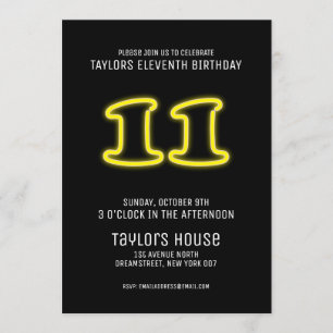 Invitation Symbole de néon jaune 11e fête d'anniversaire bran