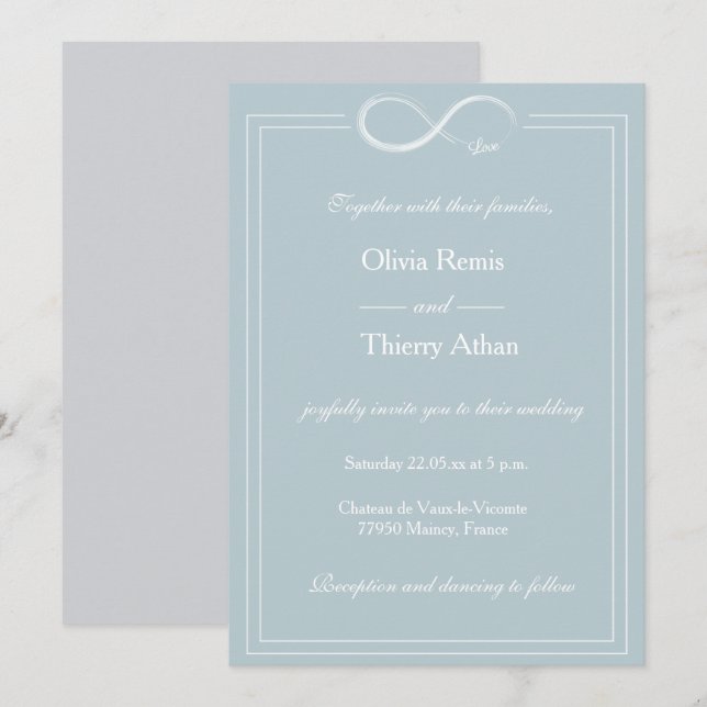 Invitation Symbole d'infini Dusty Bleu Blanc Elégant Mariage (Devant / Derrière)