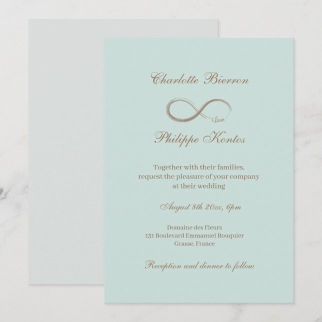 Invitation Symbole d'infini Élégant Mariage Turquoise or (Devant / Derrière)