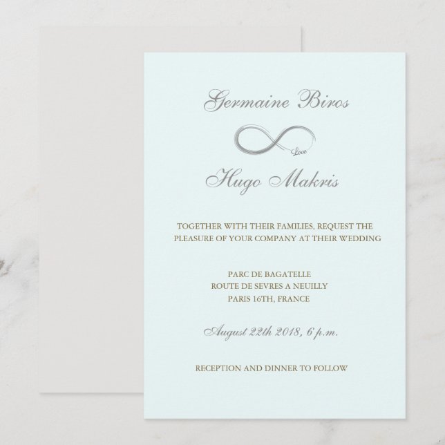 Invitation Symbole infini aqua gris or élégant mariage (Devant / Derrière)