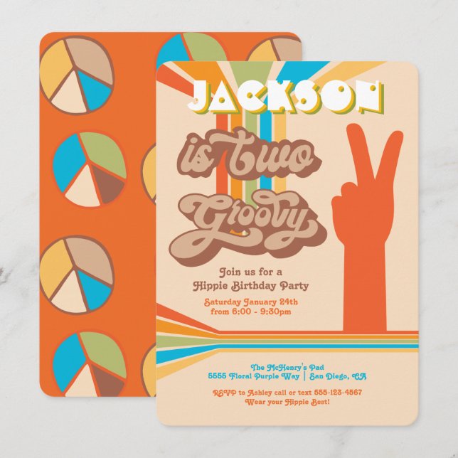 Invitation SYMBOLE RÉtro Hippie 70's 60's Deux Paix Super (Devant / Derrière)