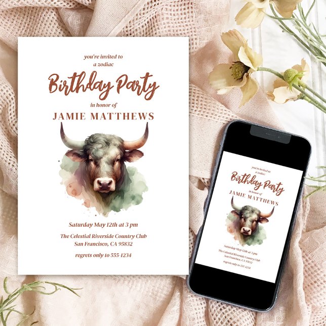 Invitation Symbole Taurus Bull Zodiac à thème Anniversaire (Watercolor Taurus Zodiac-Themed Party Collection | 5x7 Invitations Prints & Digital Shown Here)