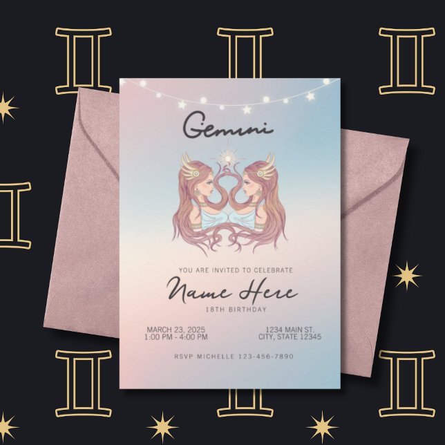 Invitation SYMBOLE Zodiaque Gemini Anniversaire (Créateur téléchargé)