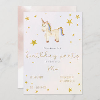 Invitation Sympa lunatique Unicorn Gold Stars anniversaire en