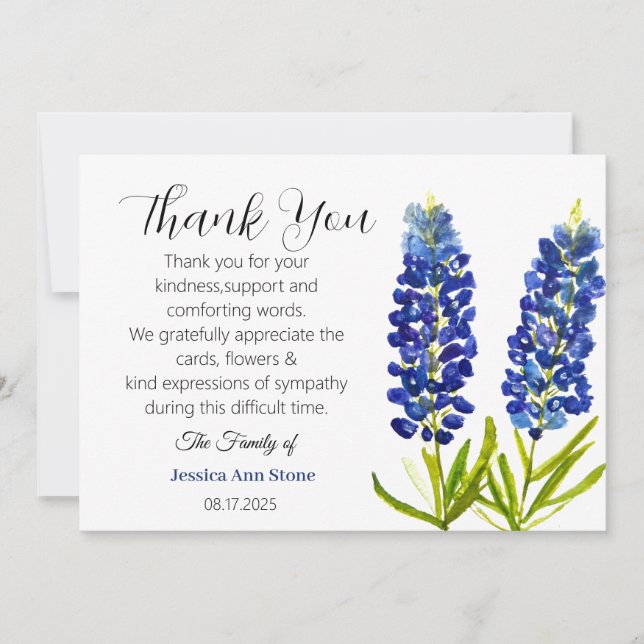 Invitation Sympathy Bluebonnets Funeral Death Merci (Devant)