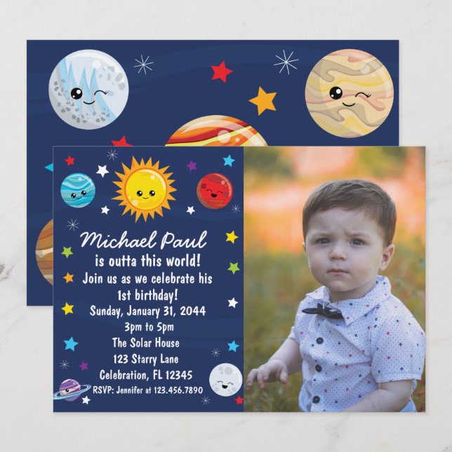 Invitation Système Solaire Kawaii En Dehors De Ce Monde Anniv (Devant / Derrière)