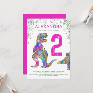 Invitation T. Rex 2e fête d'anniversaire rose