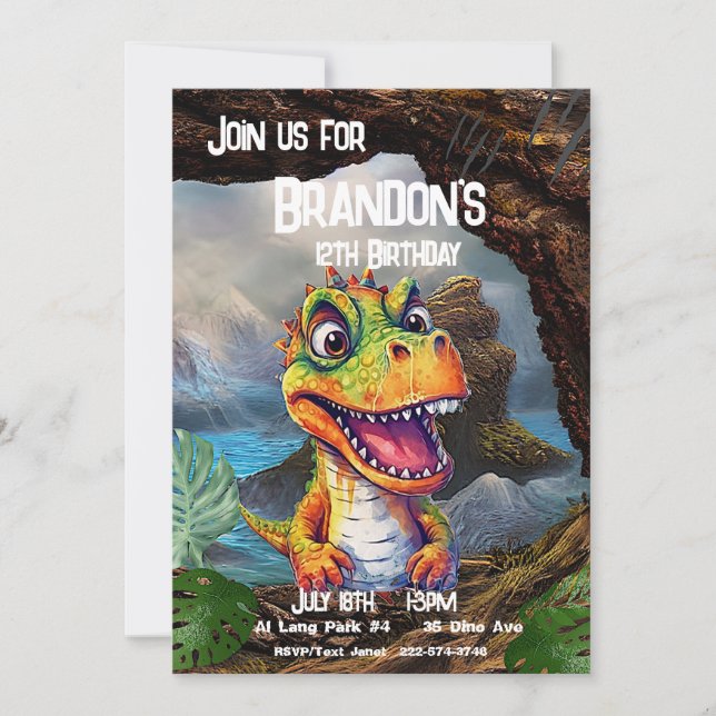 Invitation T-Rex, anniversaire de Dinosaure, (Devant)