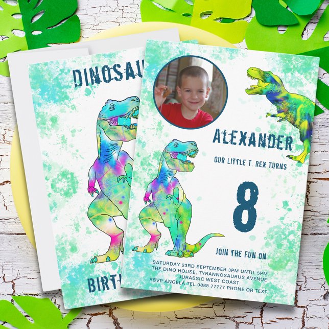 Invitation T-Rex Dinosaur 8e fête d'anniversaire (T-Rex dinosaur 8th birthday party invitation with photo template & colorful watercolor tyrannosaurus)