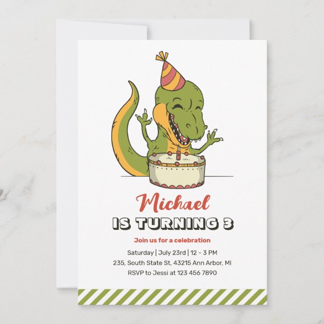 Invitation T-Rex Dinosaur Anniversaire de enfant de gâteau d' (Devant)