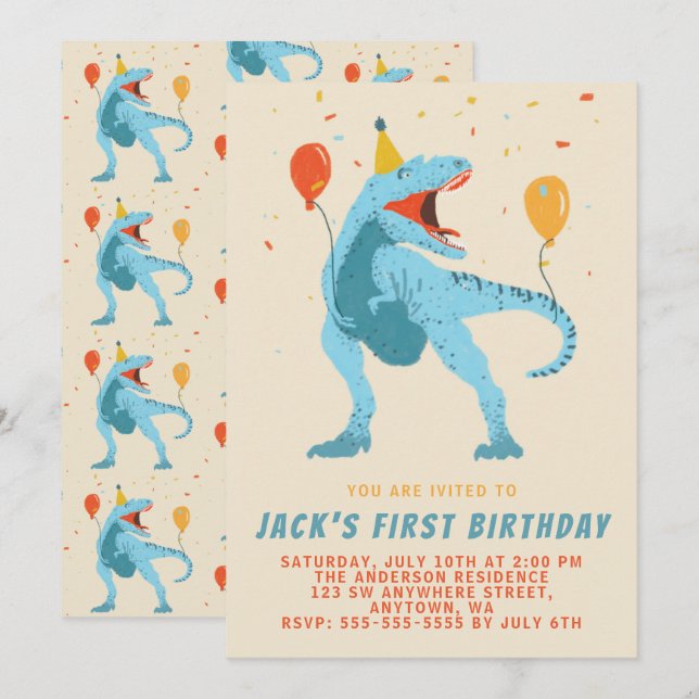 Invitation T-Rex Dinosaur Aquarelle Fête d'anniversaire (Devant / Derrière)