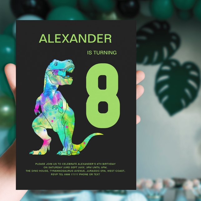 Invitation T-Rex Dinosaur Boys 8e fête d'anniversaire (Colorful Dinosaur T-Rex boys 8th birthday party invitation green blue purple black)