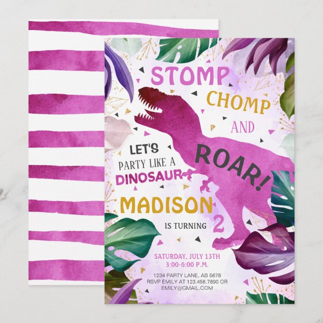 Invitation T Rex Dinosaur Fille Anniversaire (Devant / Derrière)