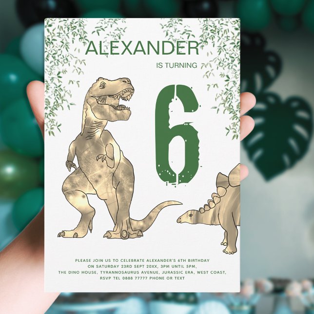 Invitation T-Rex Dinosaur Jungle 6e fête d'anniversaire (T-Rex and stegosaurus Dinosaur Jurassic jungle 6th birthday party invitation green and brown)