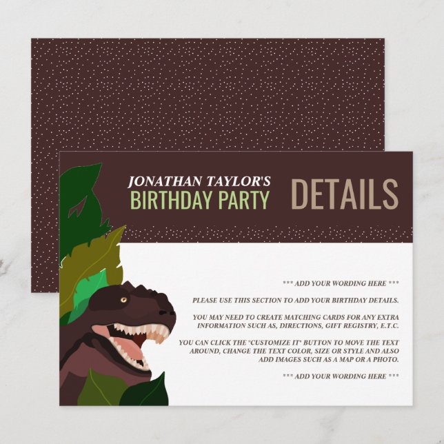 Invitation T Rex Dinosaur Party Enfants Anniversaire Détails (Devant / Derrière)