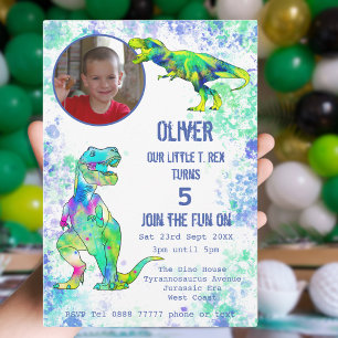 Invitation T rex Dinosaure 5ème Anniversaire Photo Vert Bleu
