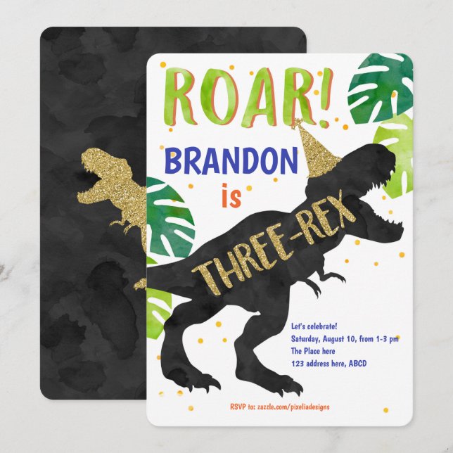 Invitation T-Rex, Garçon, Troisième Anniversaire, Dinosaure (Devant / Derrière)