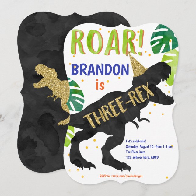 Invitation T-Rex, Garçon, Troisième Anniversaire, Dinosaure (Devant / Derrière)