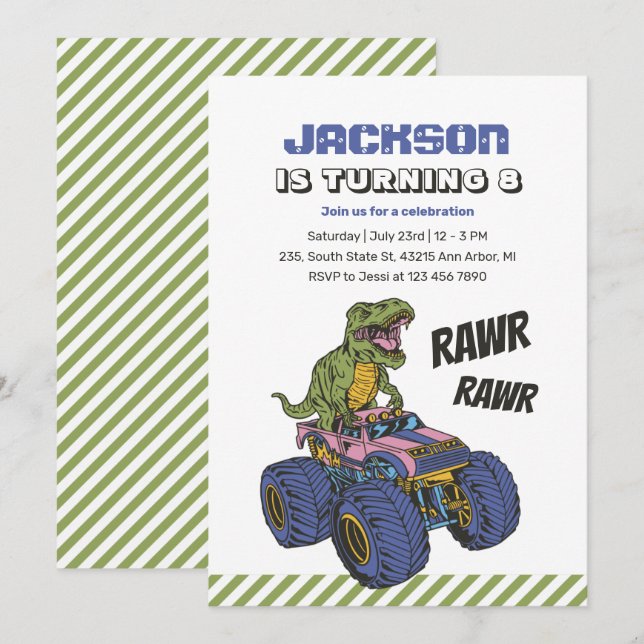 Invitation T-Rex Monster Truck Rawr Dinosaur Anniversaire de  (Devant / Derrière)