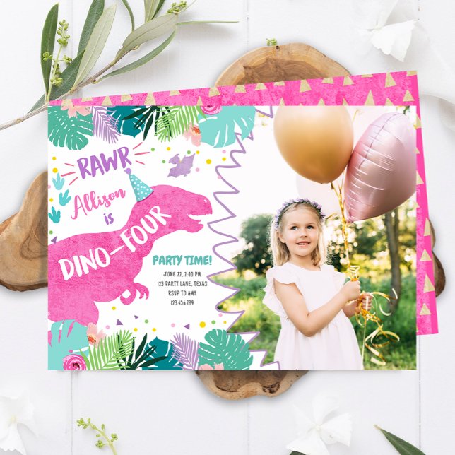 Invitation T-Rex Pink Dinosaur Girl Dino Quatre 4e anniversai (Créateur téléchargé)