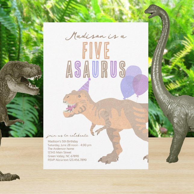 Invitation T-Rex Tan Cinq Asaurus N'Importe Quel Âge Fête D'A (For that perfect 5th birthday party for your dinosaur lover. FIVE can be changed to any age you need)