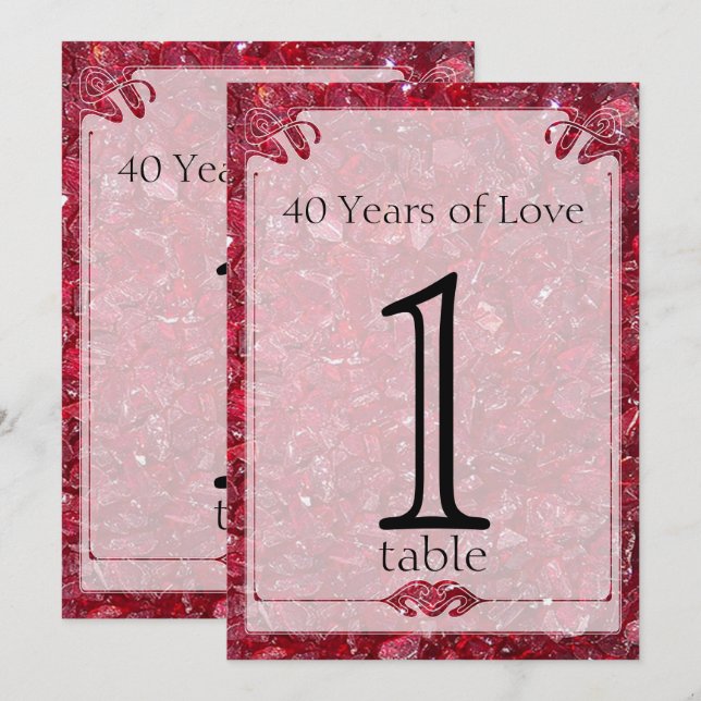 Invitation Table numéro 40 ans de Ruby (Devant / Derrière)