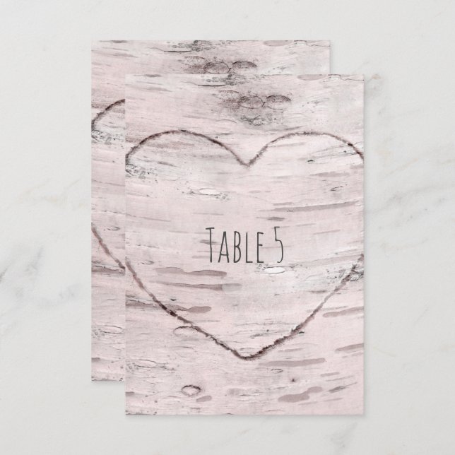 Invitation Table numéro de bouleau et cœur sculpté rustique (Devant / Derrière)