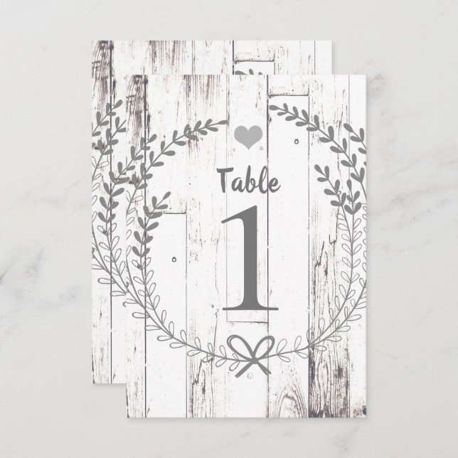Invitation Table numéro de mariage en bois blanc rustique (Devant / Derrière)