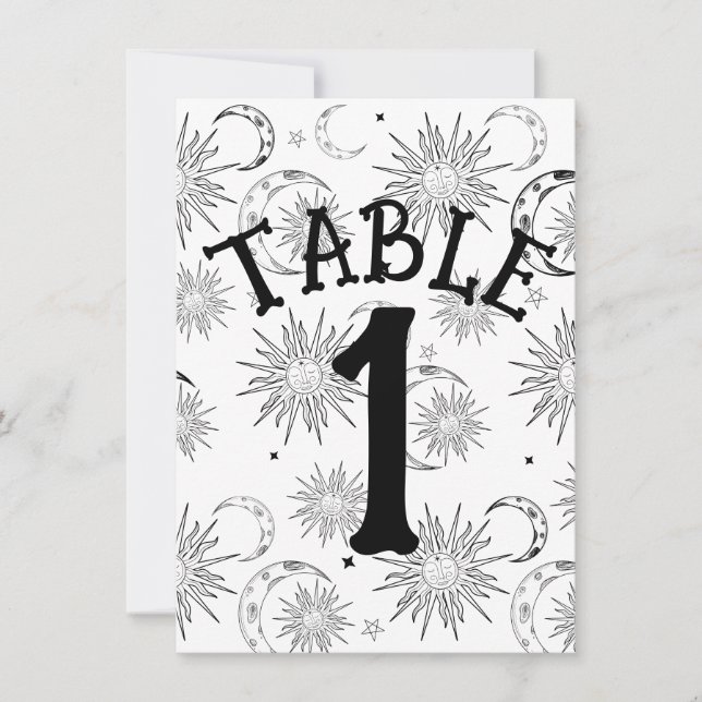 Invitation Table numéro Soleil Lune Étoiles Noir & Blanc (Devant)