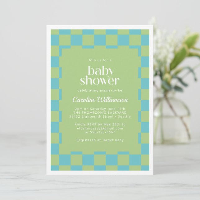 Invitation Tableau À damiers Baby shower bleu vert (Debout devant)