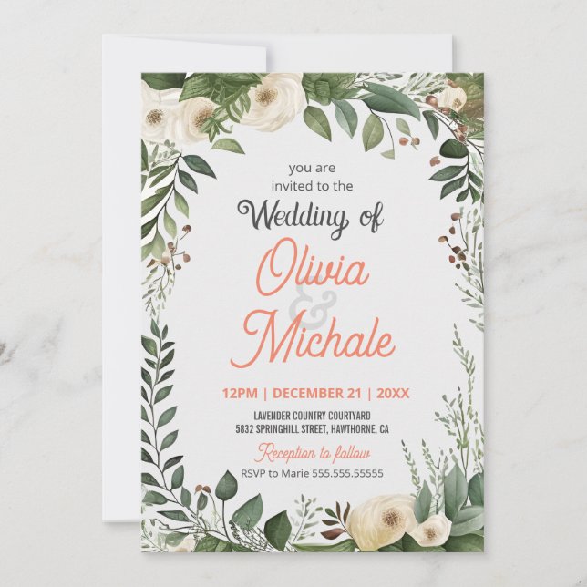 Invitation Tableau Abstrait Mariage Floral Cadre vert (Devant)