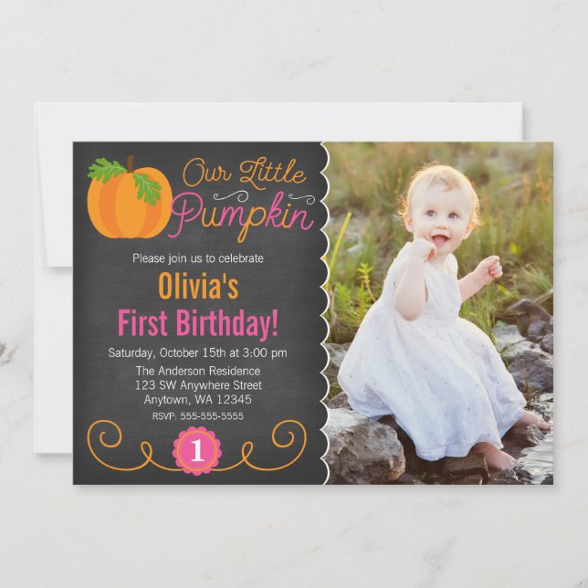 Invitation Tableau Chalet Petit Citrouille rose Orange Annive (Devant)