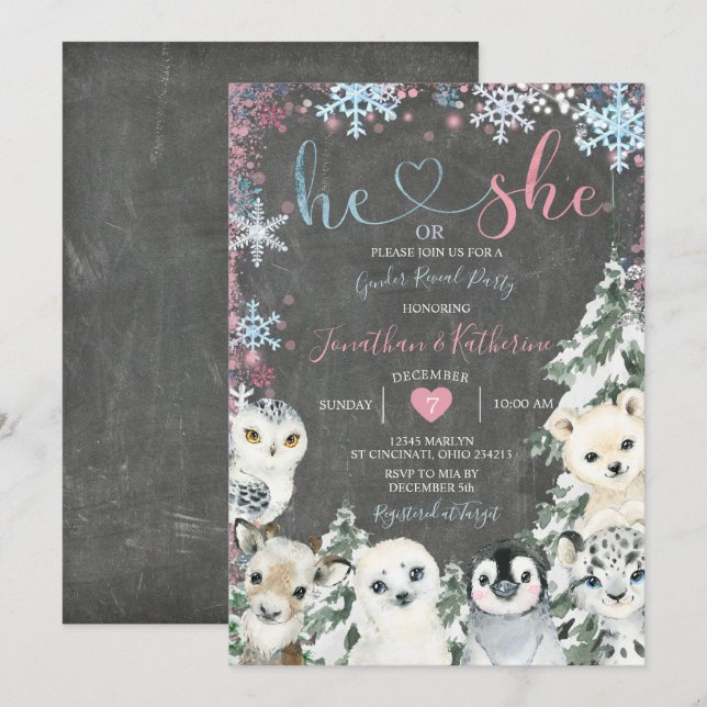 Invitation Tableau de bord Animal Genre Révéler Snowflakes (Devant / Derrière)