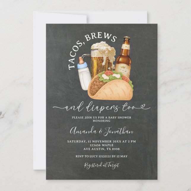 Invitation Tableau de bord du Baby shower Tacos Brews and Dia (Devant)