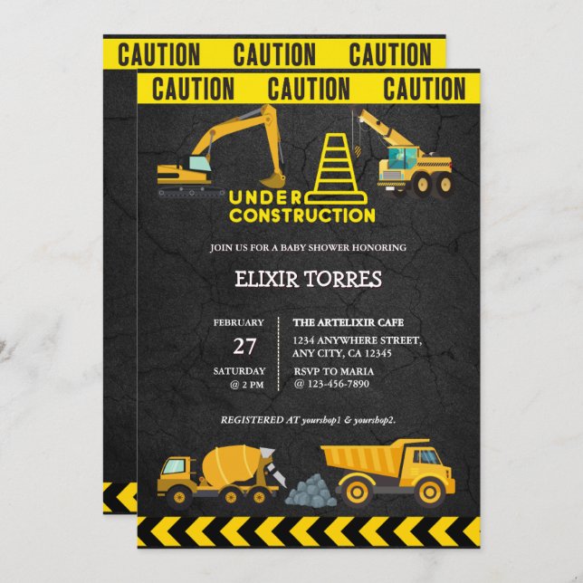 Invitation Tableau de bord en construction Baby shower (Devant / Derrière)