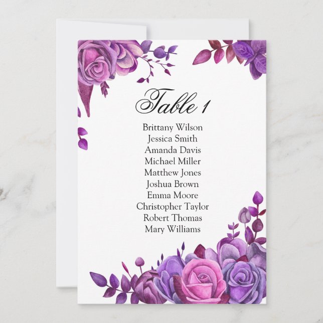 Invitation Tableau de mariage avec des roses violettes. Plan  (Devant)