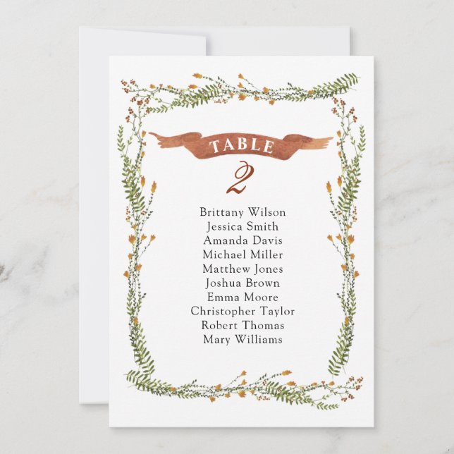 Invitation Tableau de sièges mariage floral rustique. Plan de (Devant)