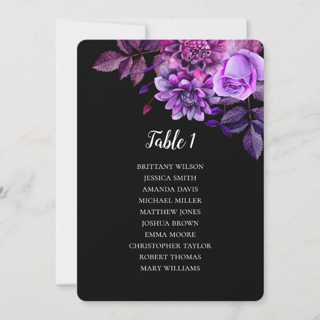 Invitation Tableau de sièges mariage noir et violet. Plan de  (Devant)