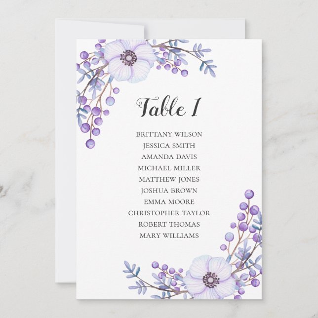 Invitation Tableau de sièges mariage violet. Plan de tableau  (Devant)