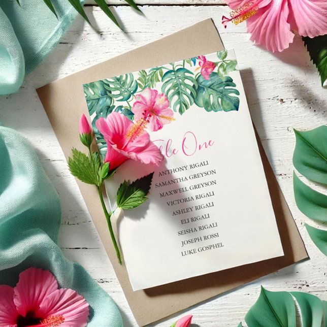 Invitation Tableau des sièges des Mariages tropicaux, plan de (Destination weddings seating chart card tropical pink hibiscus flowers art by Victoria Grigaliunas)